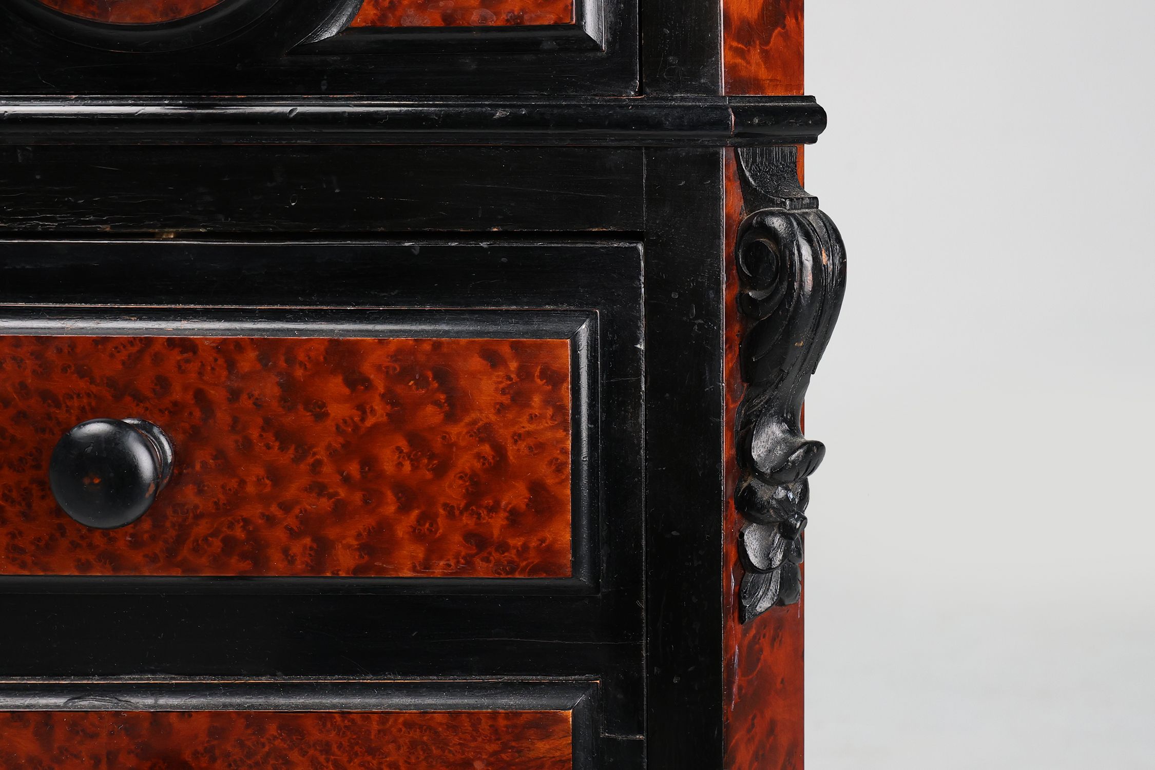 Rare Antique French chest of drawers in wood, burl veneer and marble, ca. 1850thumbnail